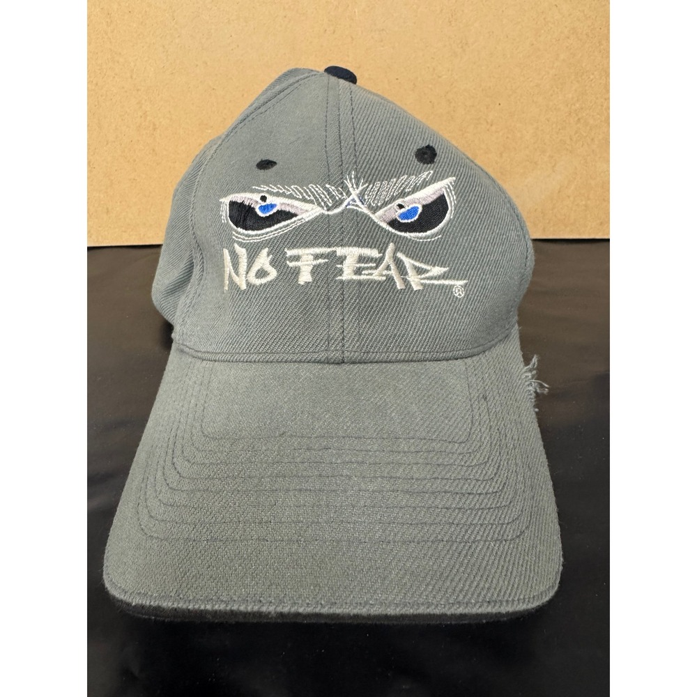 Vintage 90s No Fear Angry Eyes Hat Gray Blue Embroidered Y2K Skate Moto Cap
